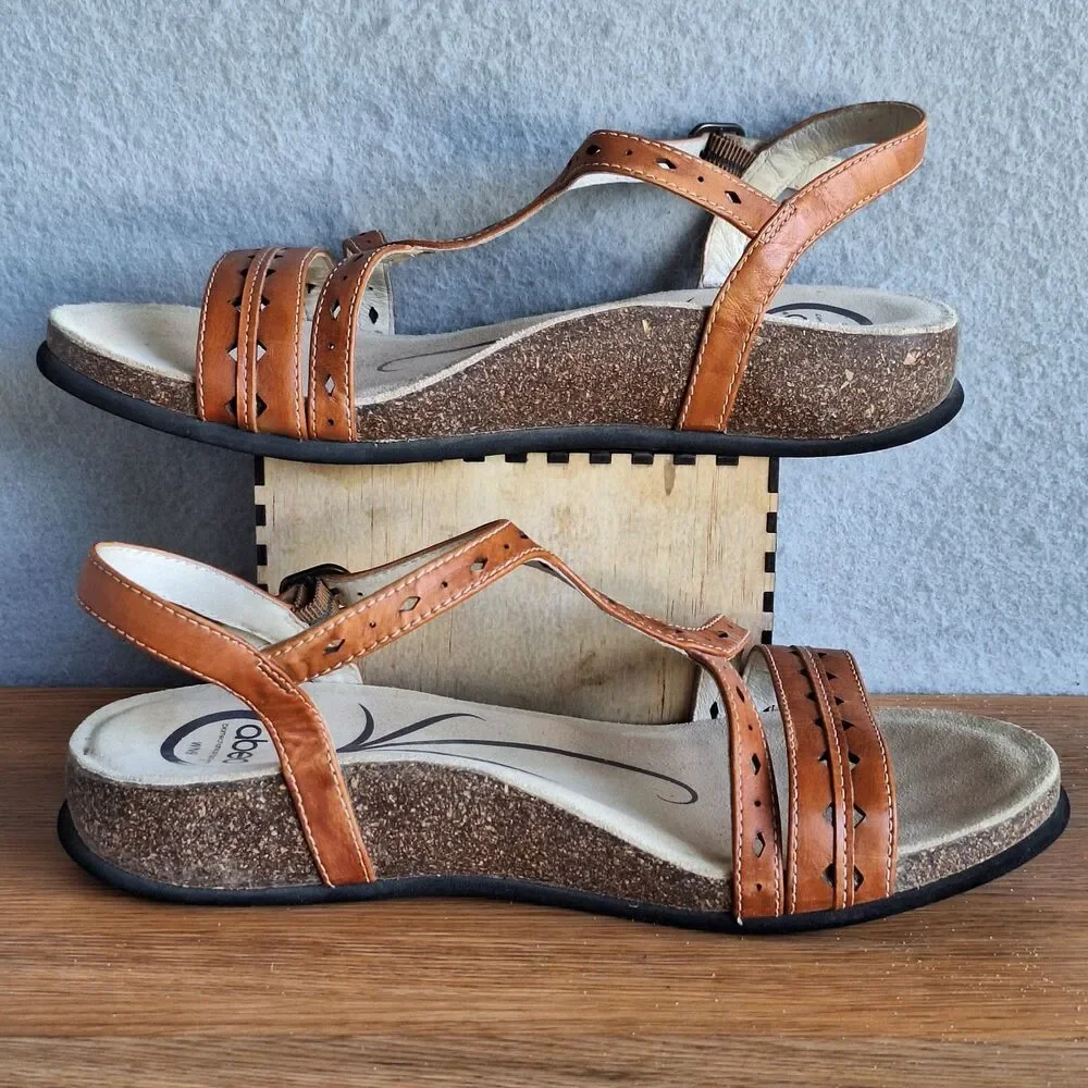 ABEO Basha Sandals Women 9 N Brown Leather Wedge Slingback Comfort Shoes Walking